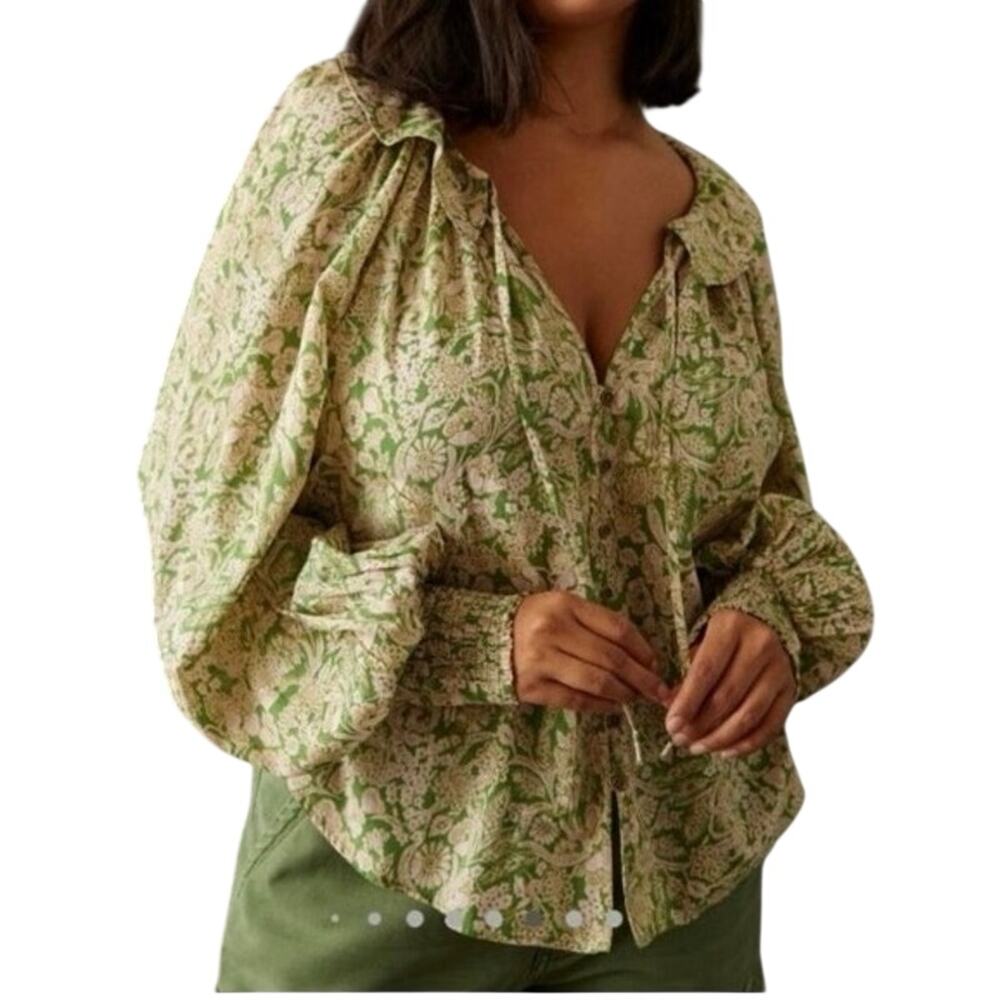 Anthropologie Green Floral Blouse